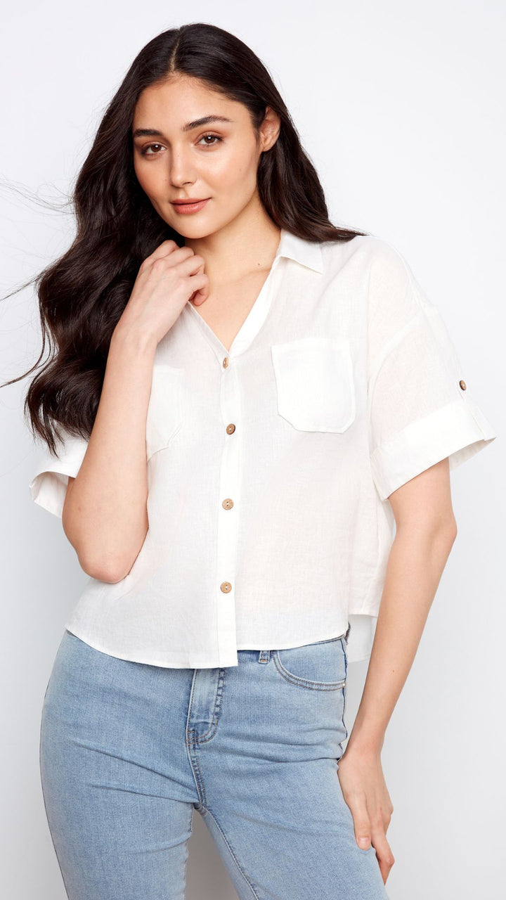 Short Sleeve Button Front Linen Blouse With Patch Pockets