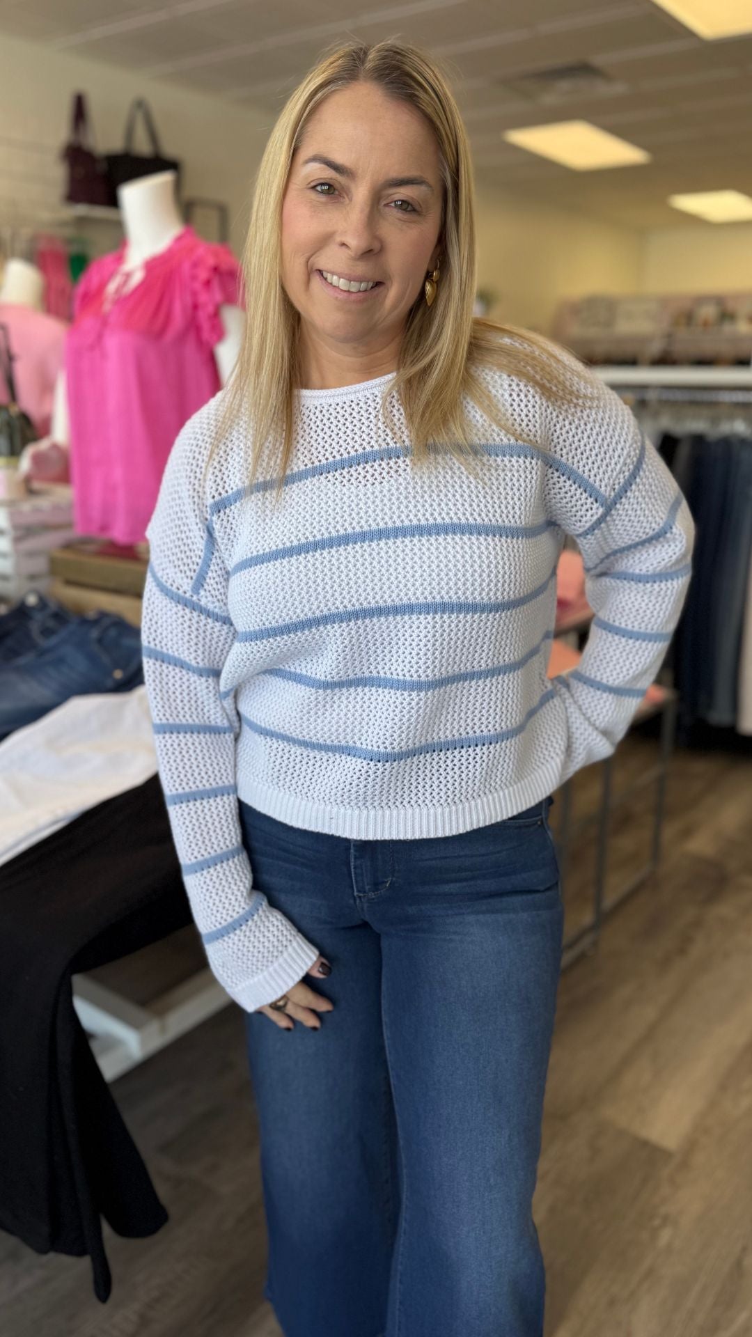 Blue And White Open Knit Stripe Sweater Top