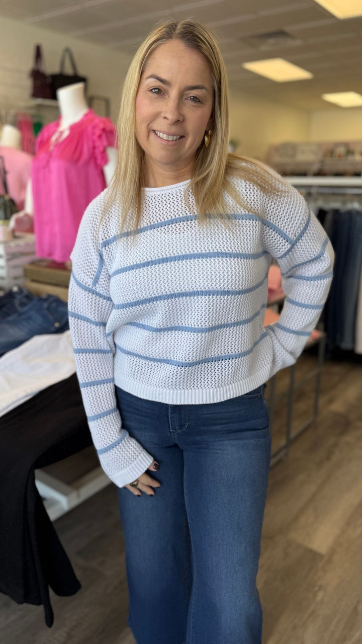 Blue And White Open Knit Stripe Sweater Top