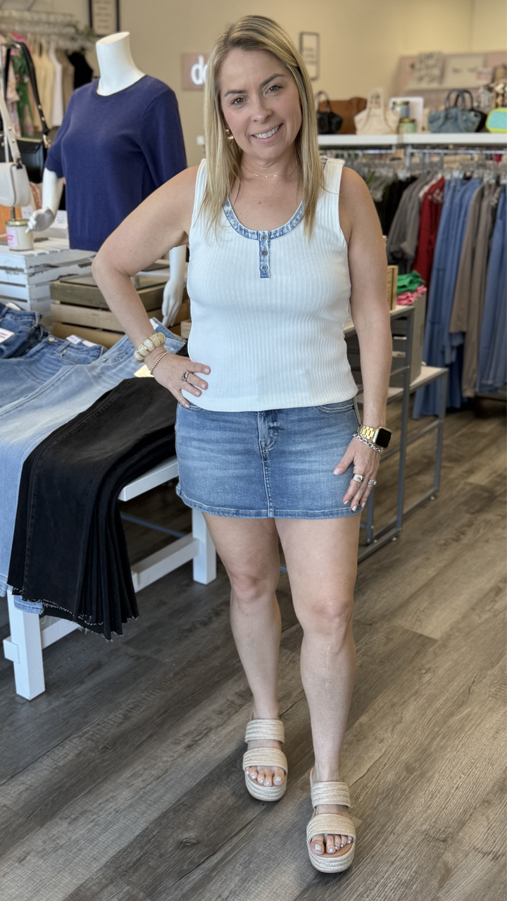 White Henley Neck Washed Tank Top