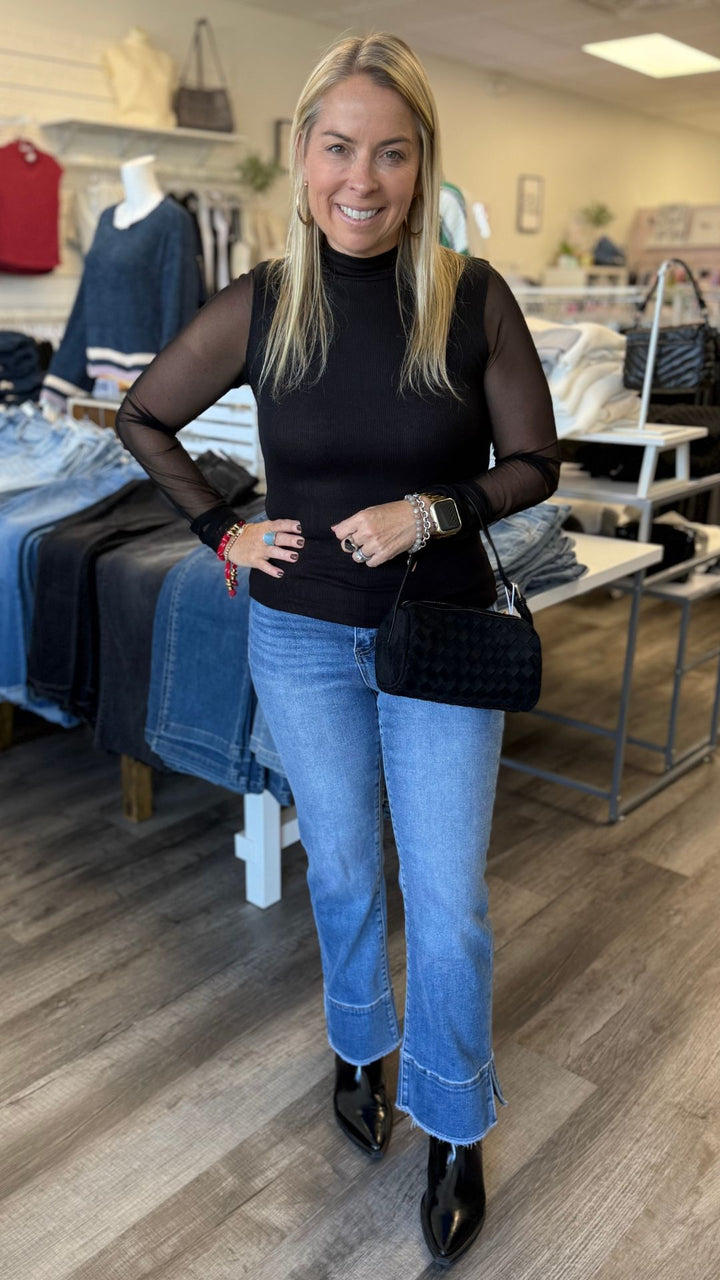 High Rise Medium Wash Trouser Slit Hem Kick Flare Jeans