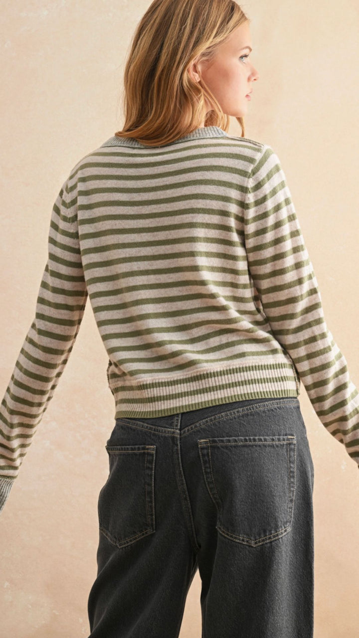 Olive And Gray Striped Pattern Button Front Cardigan