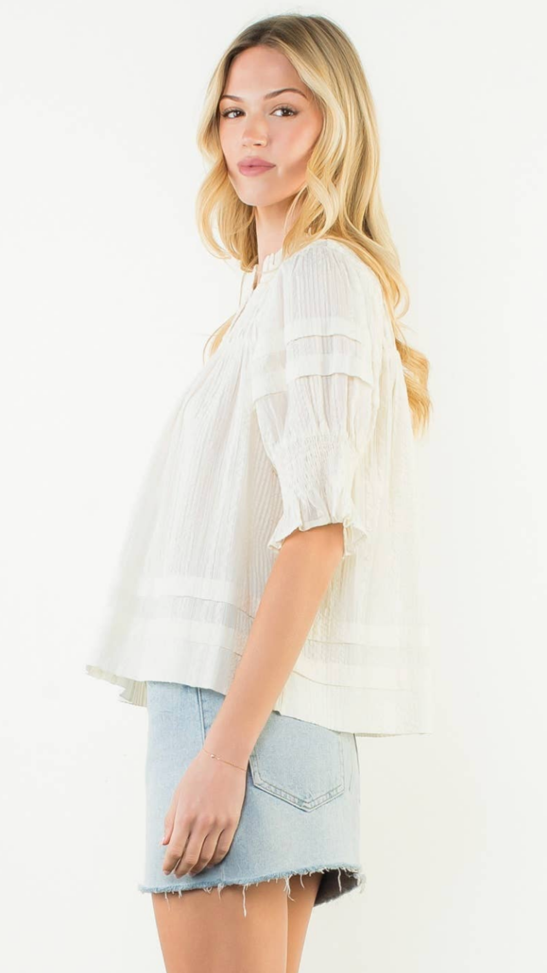 Short Sleeve Cream Crinkle Detail Blouse
