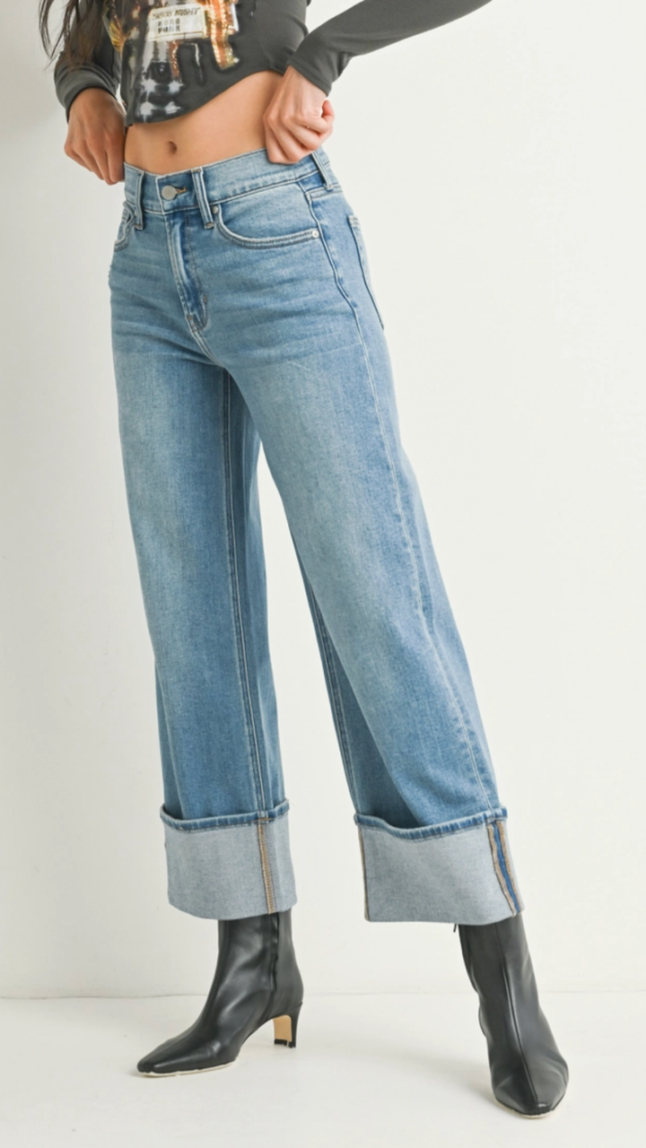 Mid Rise Medium Wash Petite Cuffed Slim Wide Jeans