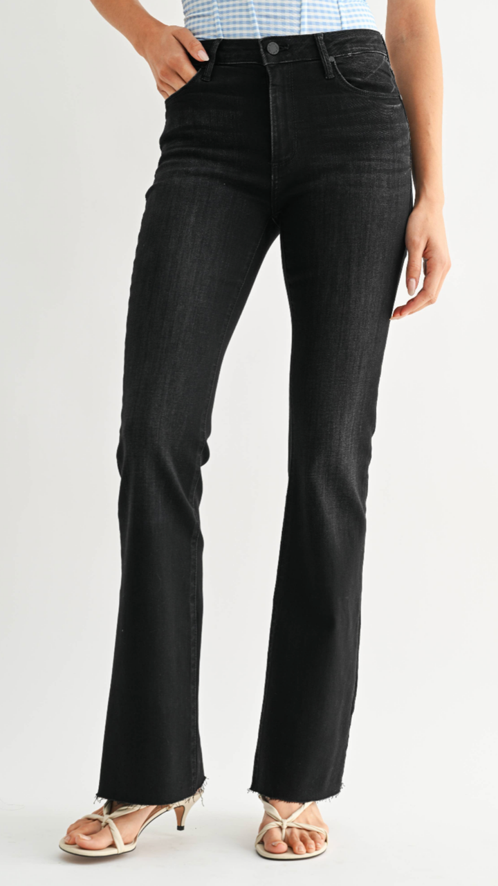 High Rise Washed Black Scissor Cut Flare Jeans