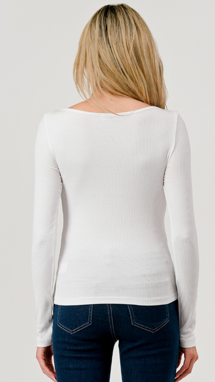 White Rib Boat Neck Long Sleeve