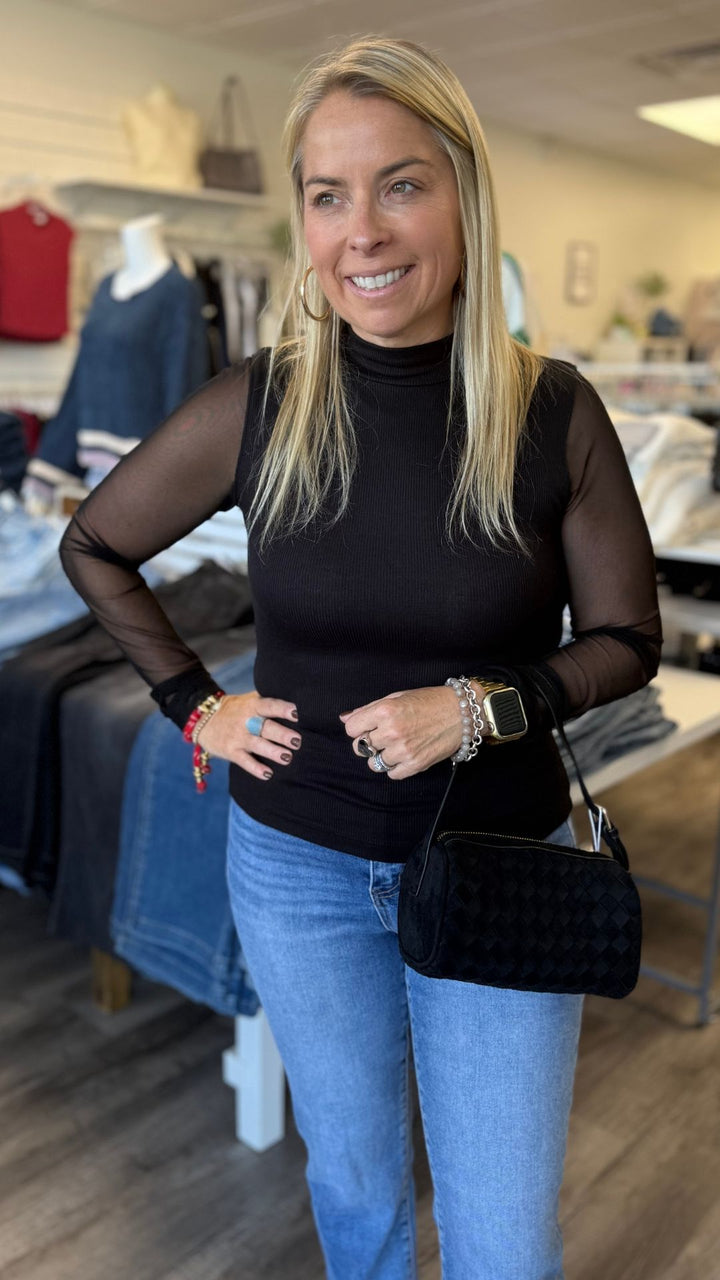 Amora Mixed Mesh Mock Neck Long Sleeve