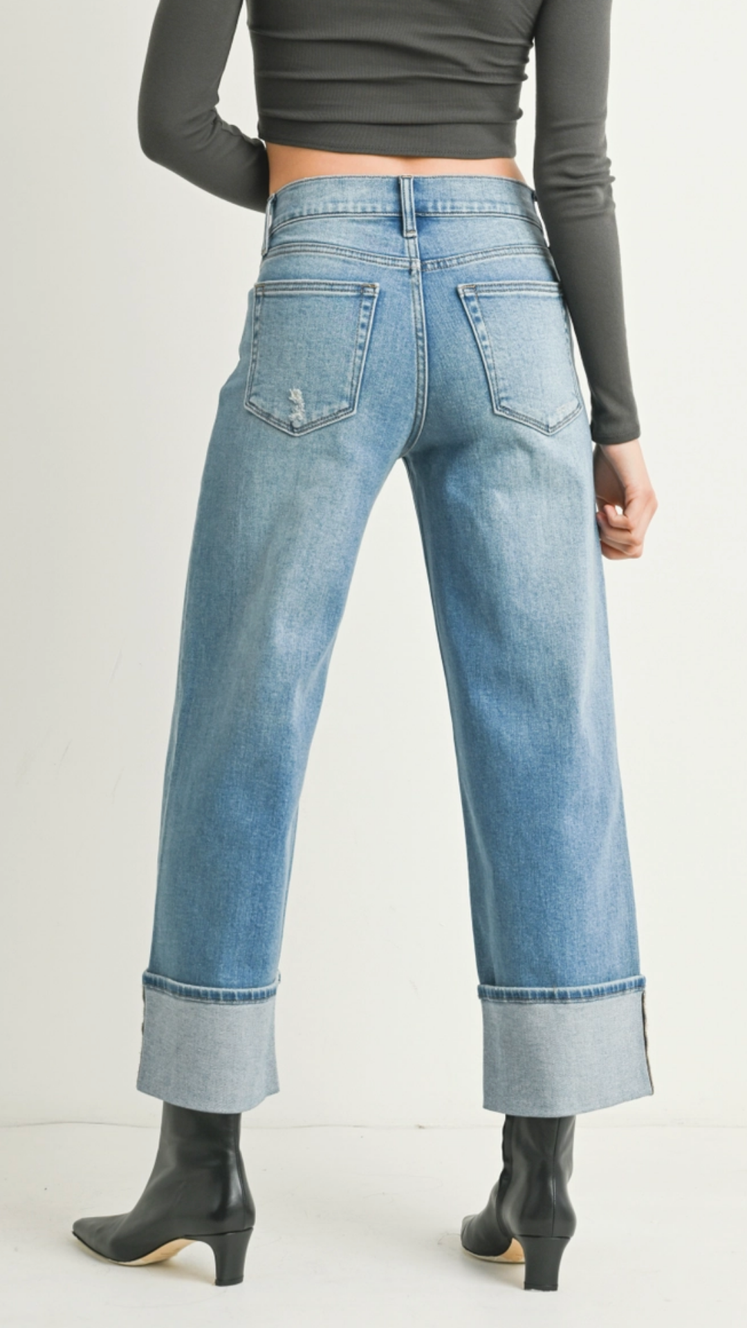 Mid Rise Medium Wash Petite Cuffed Slim Wide Jeans