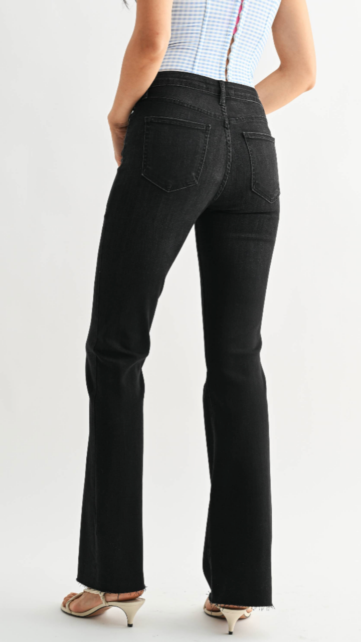 High Rise Washed Black Scissor Cut Flare Jeans