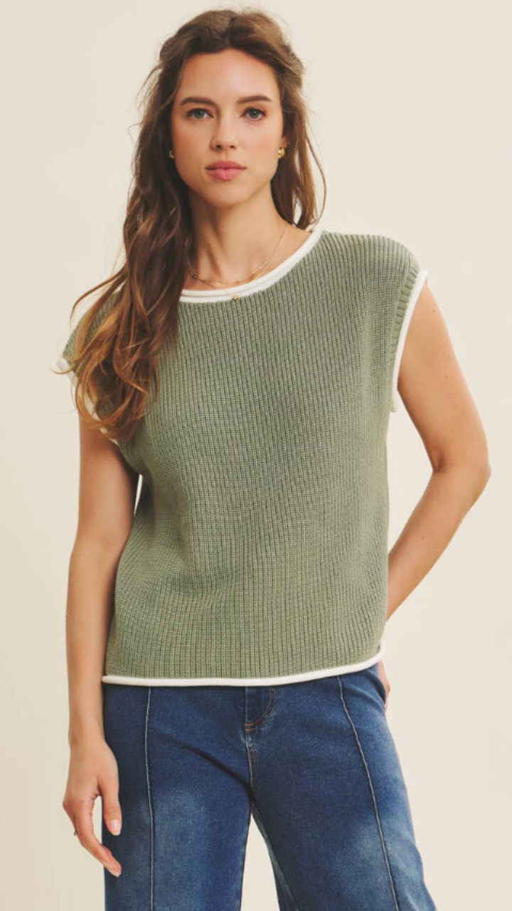 Hazel Green Contrast Rolled Knitted Sweater Vest