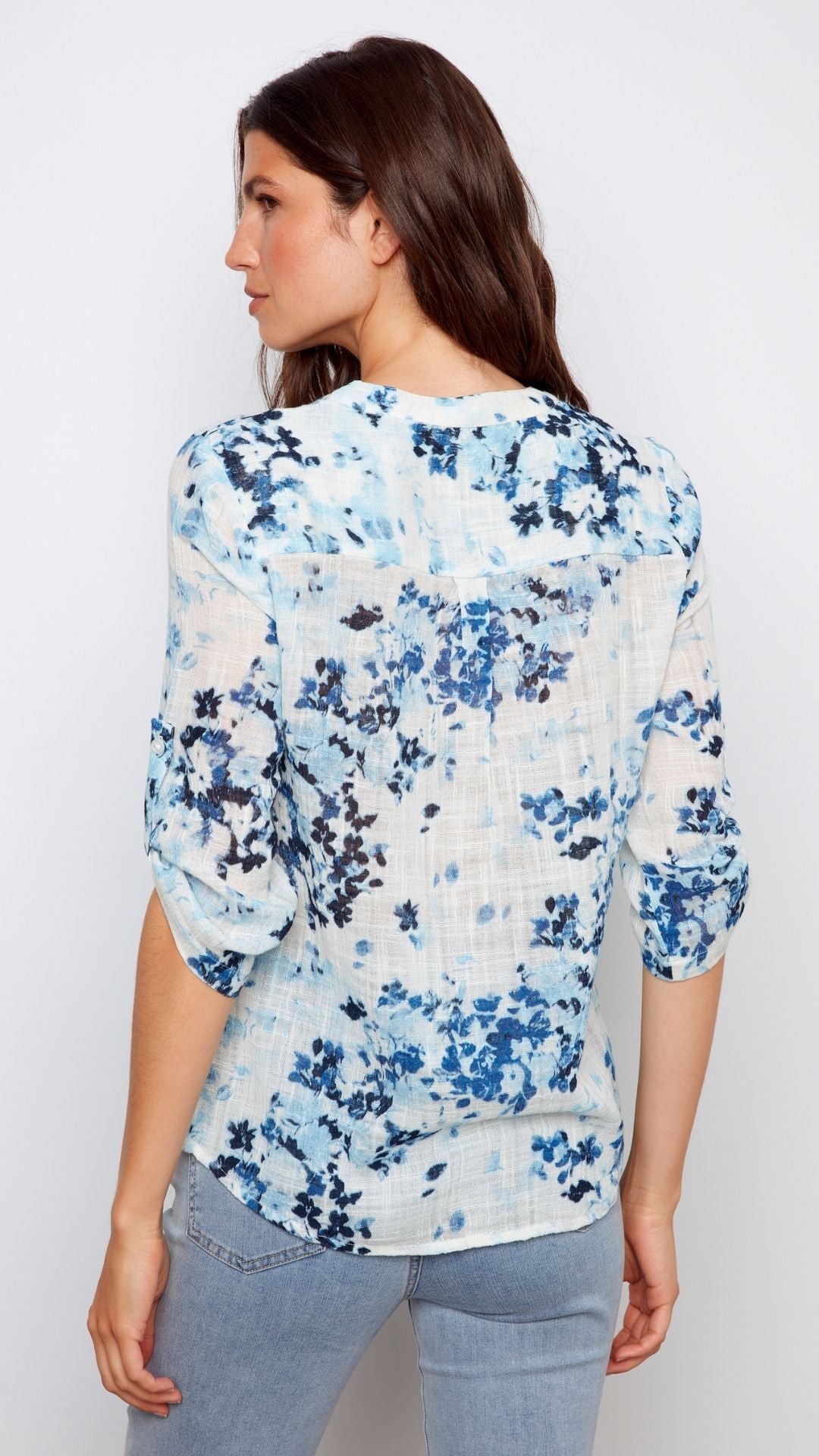 Light Blue Floral Roll Up Sleeve Cotton Gauze Top