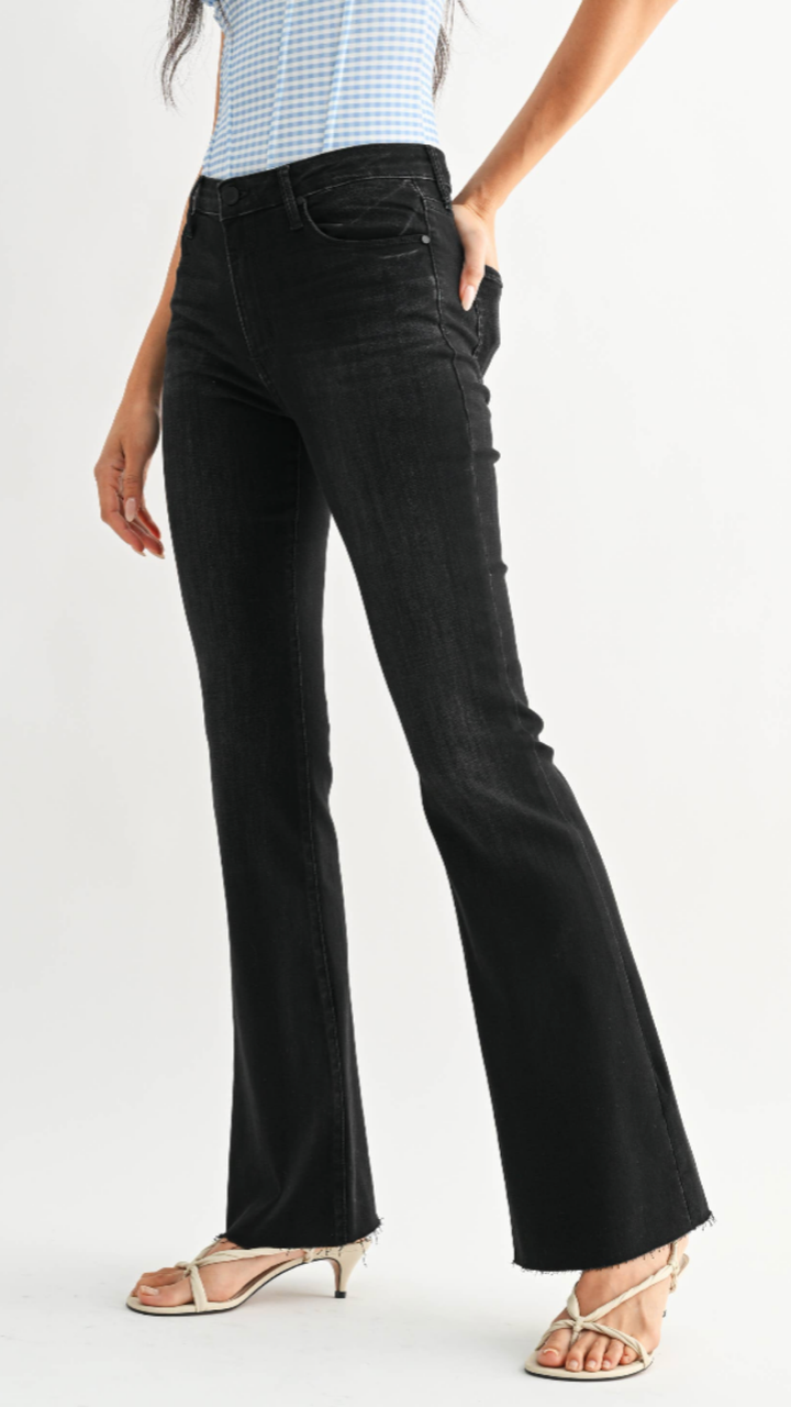 High Rise Washed Black Scissor Cut Flare Jeans
