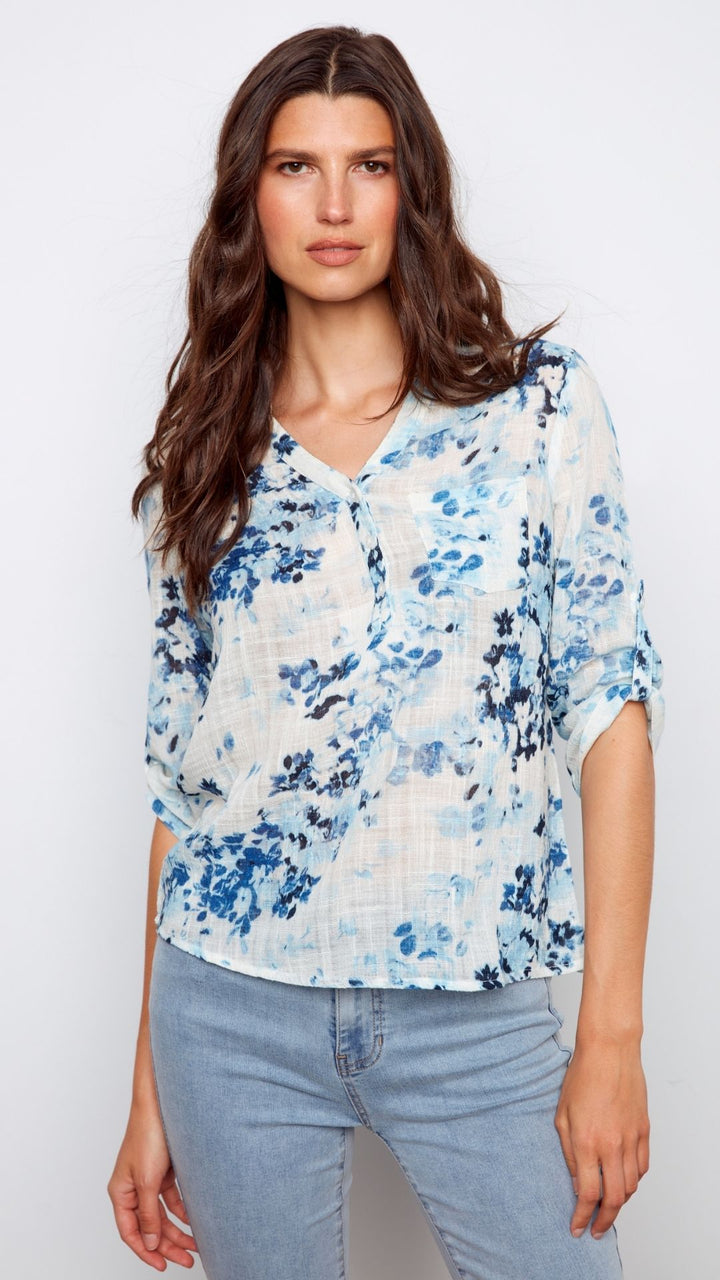 Light Blue Floral Roll Up Sleeve Cotton Gauze Top