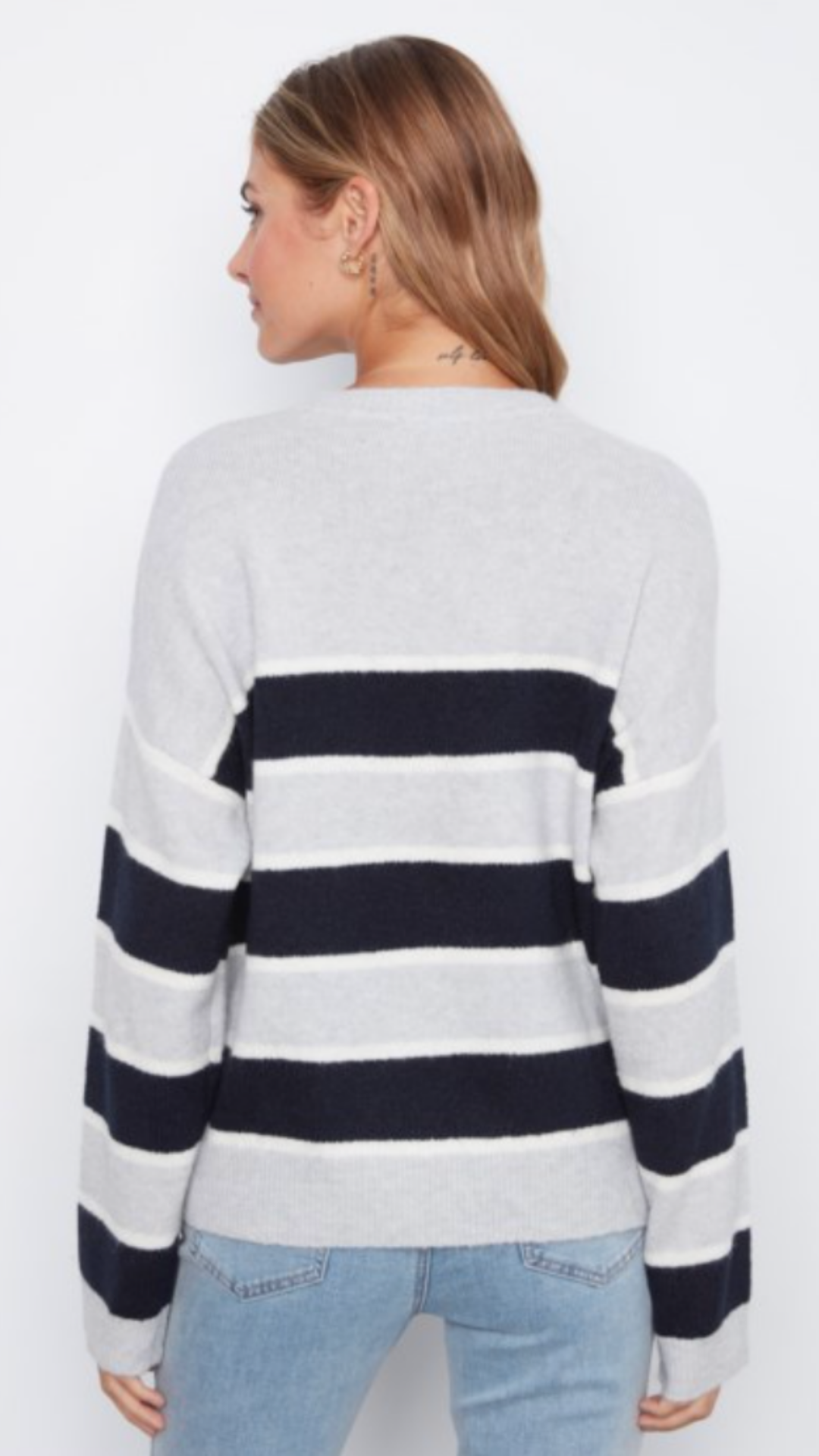 Bold Stripe Gray And Navy Crew Neck Sweater