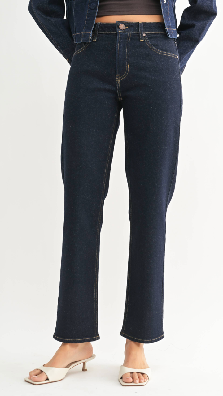 Mid Rise Super Dark Full Length Straight Jeans