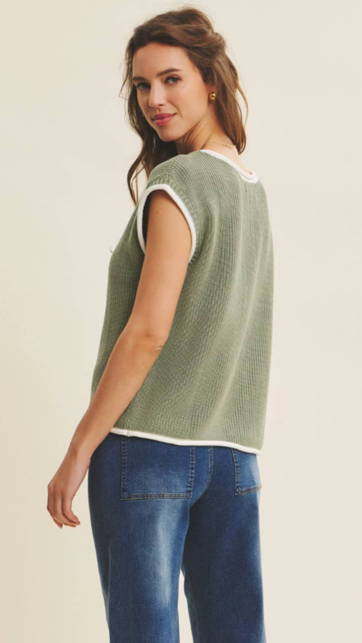 Hazel Green Contrast Rolled Knitted Sweater Vest