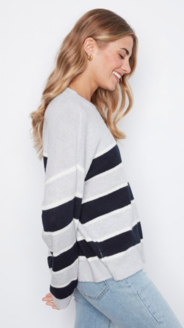 Bold Stripe Gray And Navy Crew Neck Sweater