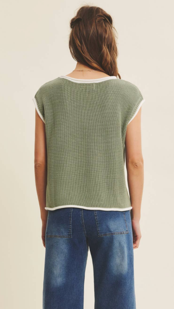 Hazel Green Contrast Rolled Knitted Sweater Vest