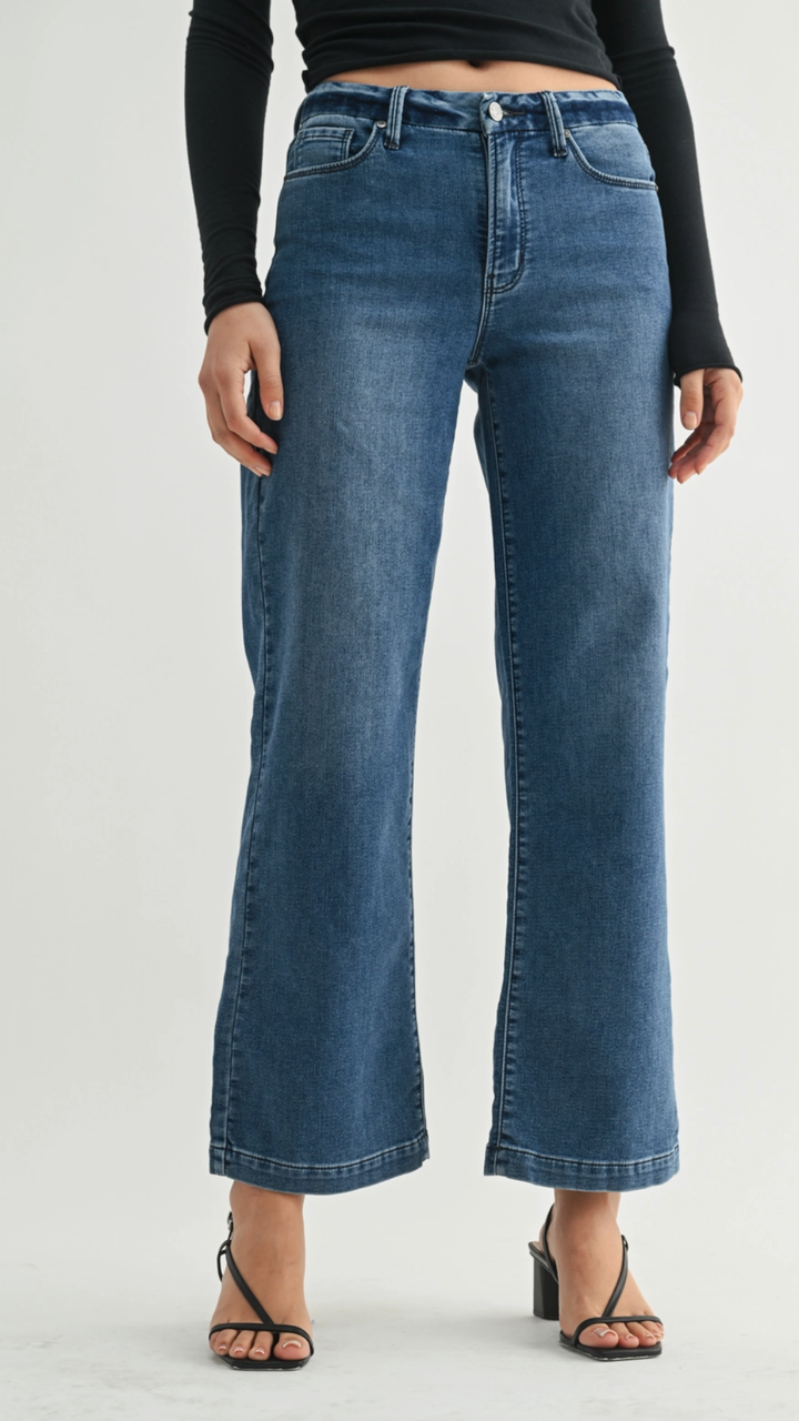 Mid Rise Dark Wash Slim Wide Sweat Jeans