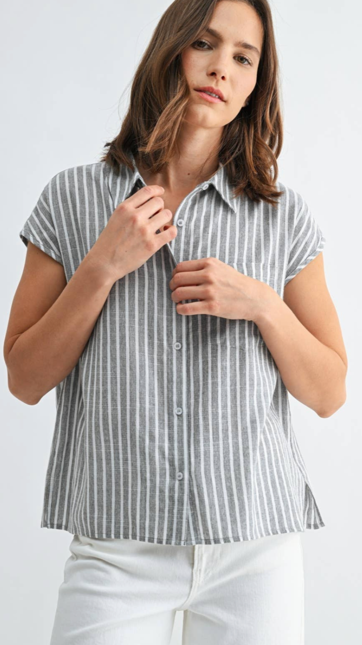 Grey Striped Button Down Top