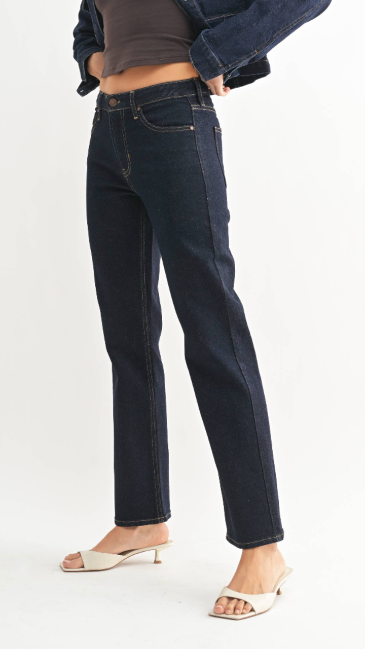Mid Rise Super Dark Full Length Straight Jeans