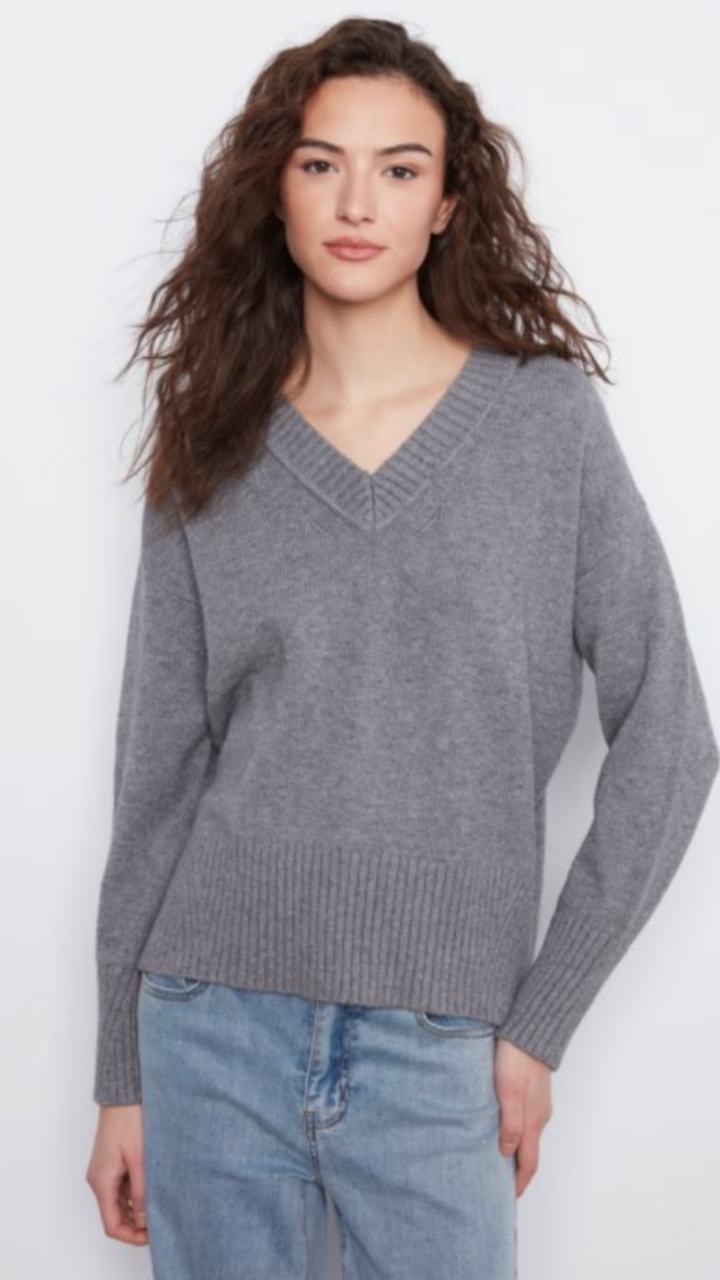 Grey V Neck Knit Sweater