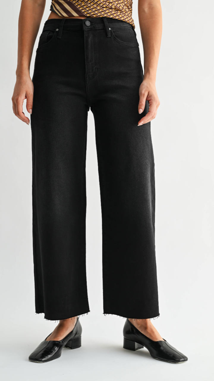 High Rise Washed Black Scissor Cut Wide Leg Jeans