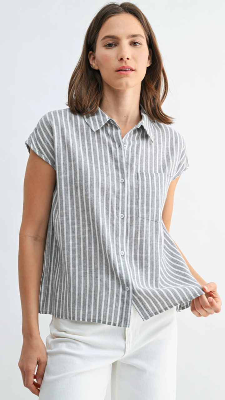 Grey Striped Button Down Top