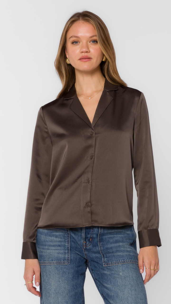 Bronze Olive Satin Long Sleeve Blouse