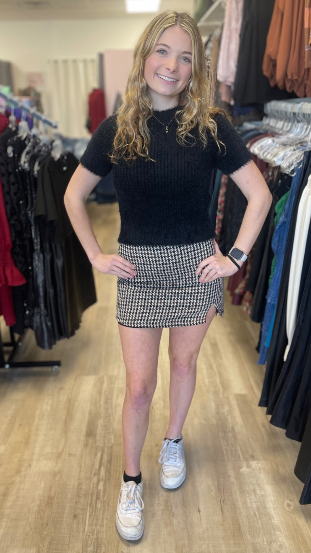 Fran Houndstooth Mini Skirt With Slit