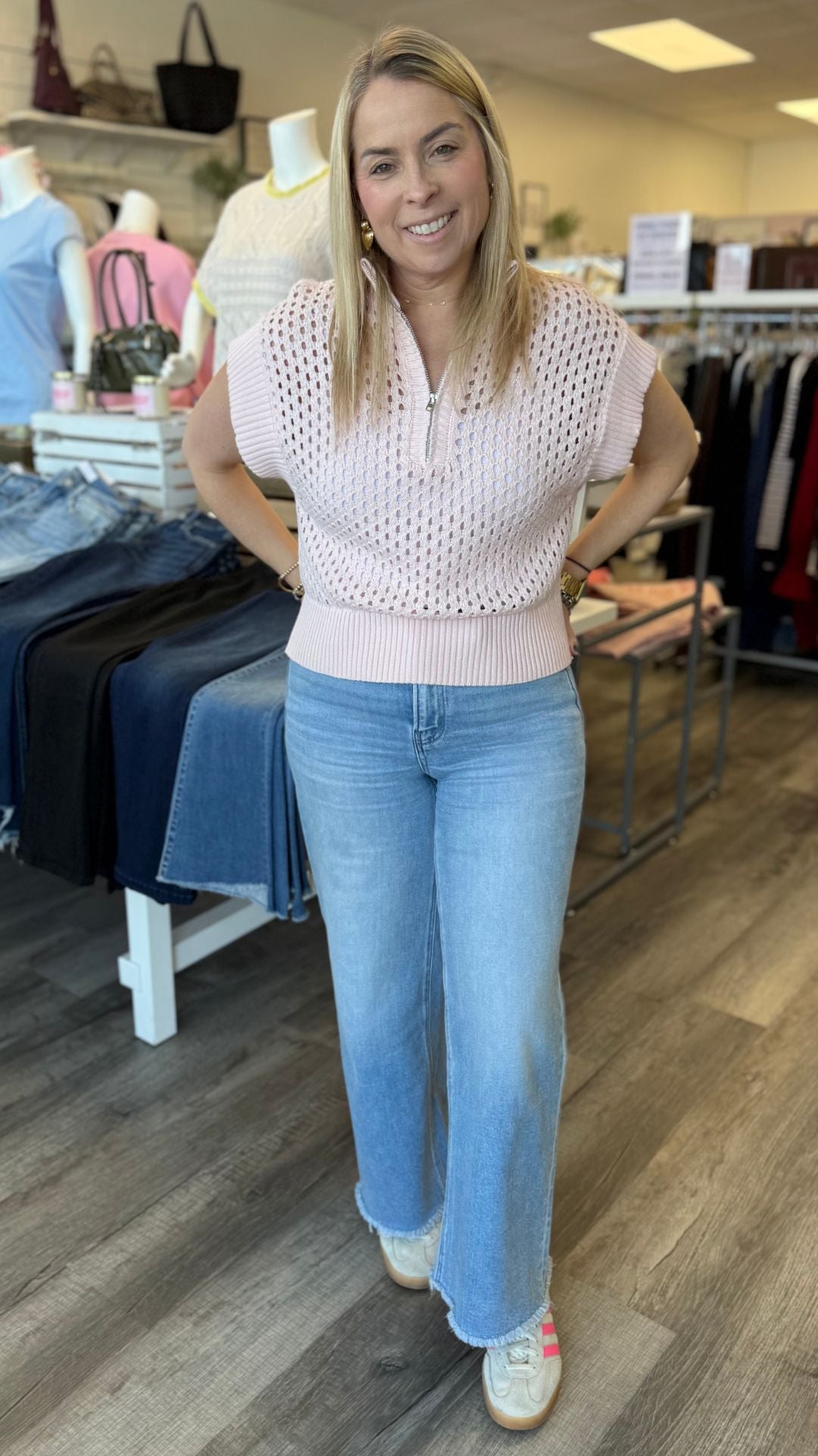 Pastel Pink Open Knit Short Sleeve Quarter Zip Sweater