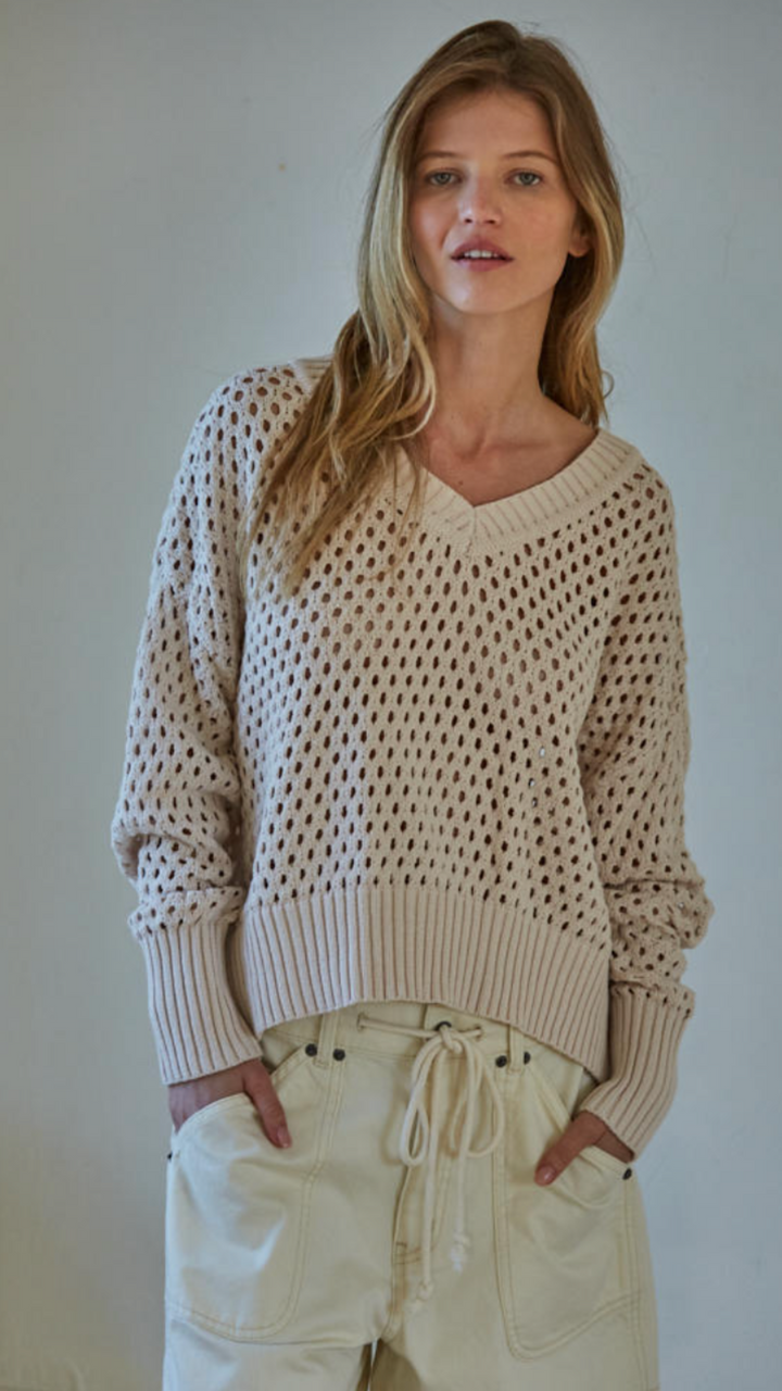 Open Knit V Neck Pullover