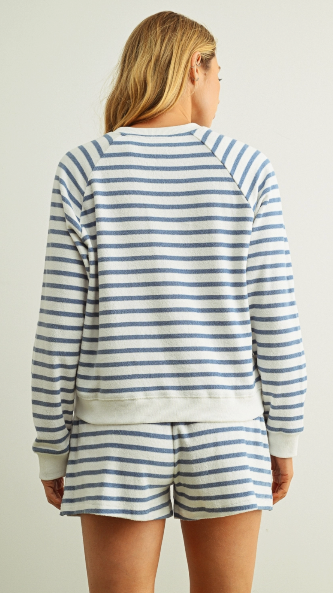 Blue And White Striped Terry Top And Shorts Set