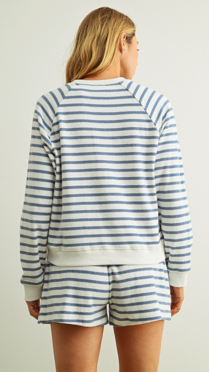 Blue And White Striped Terry Top And Shorts Set