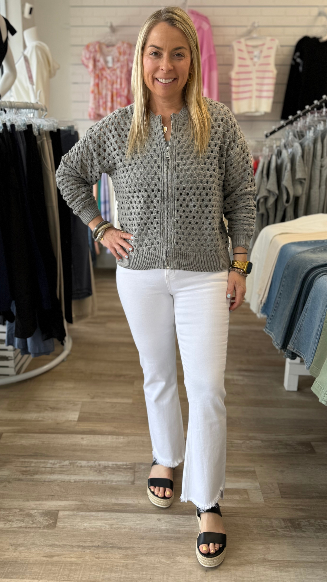 Gray Open Knit Sweater Cardigan