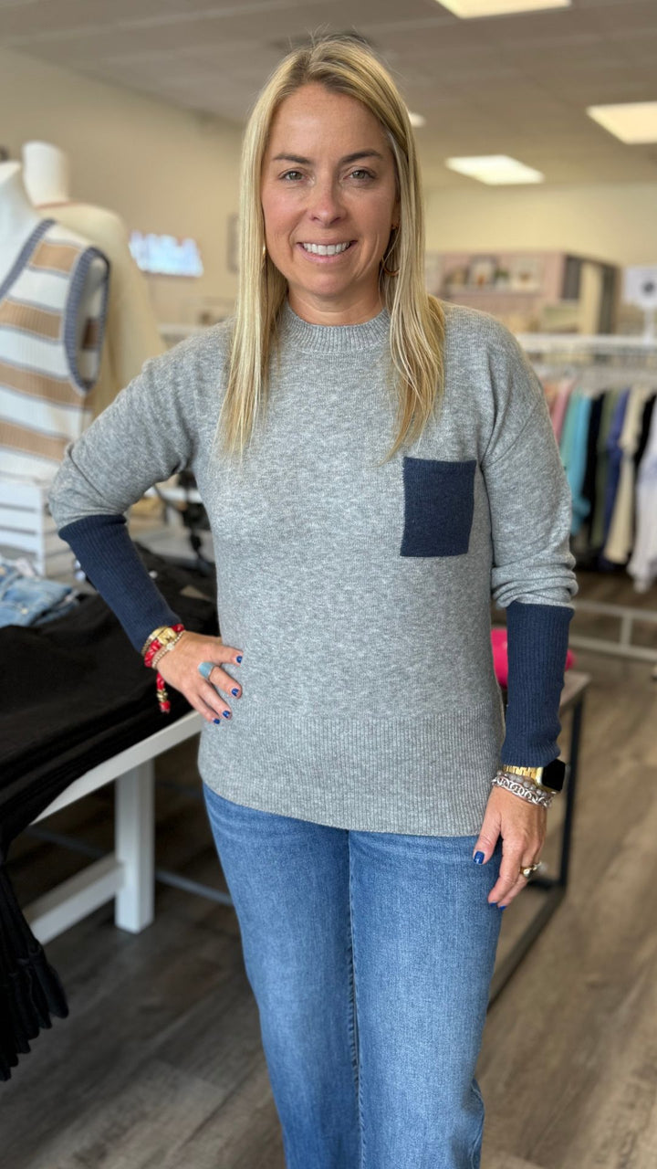 Gray Crew Neck Sweater With Contrast Details