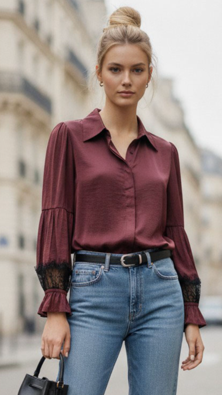 Wine Lace Insert Long Sleeve Blouse