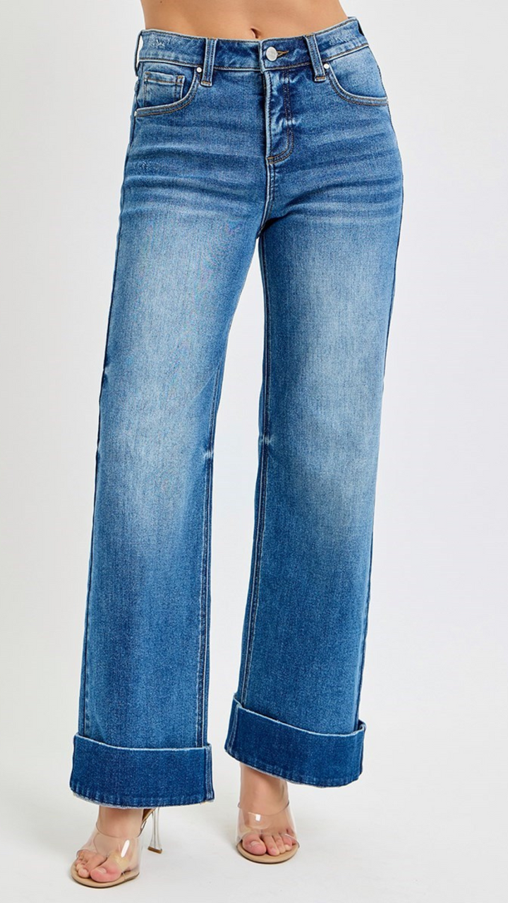 High Rise Tummy Control Medium Wash Wide Cuffed Jeans