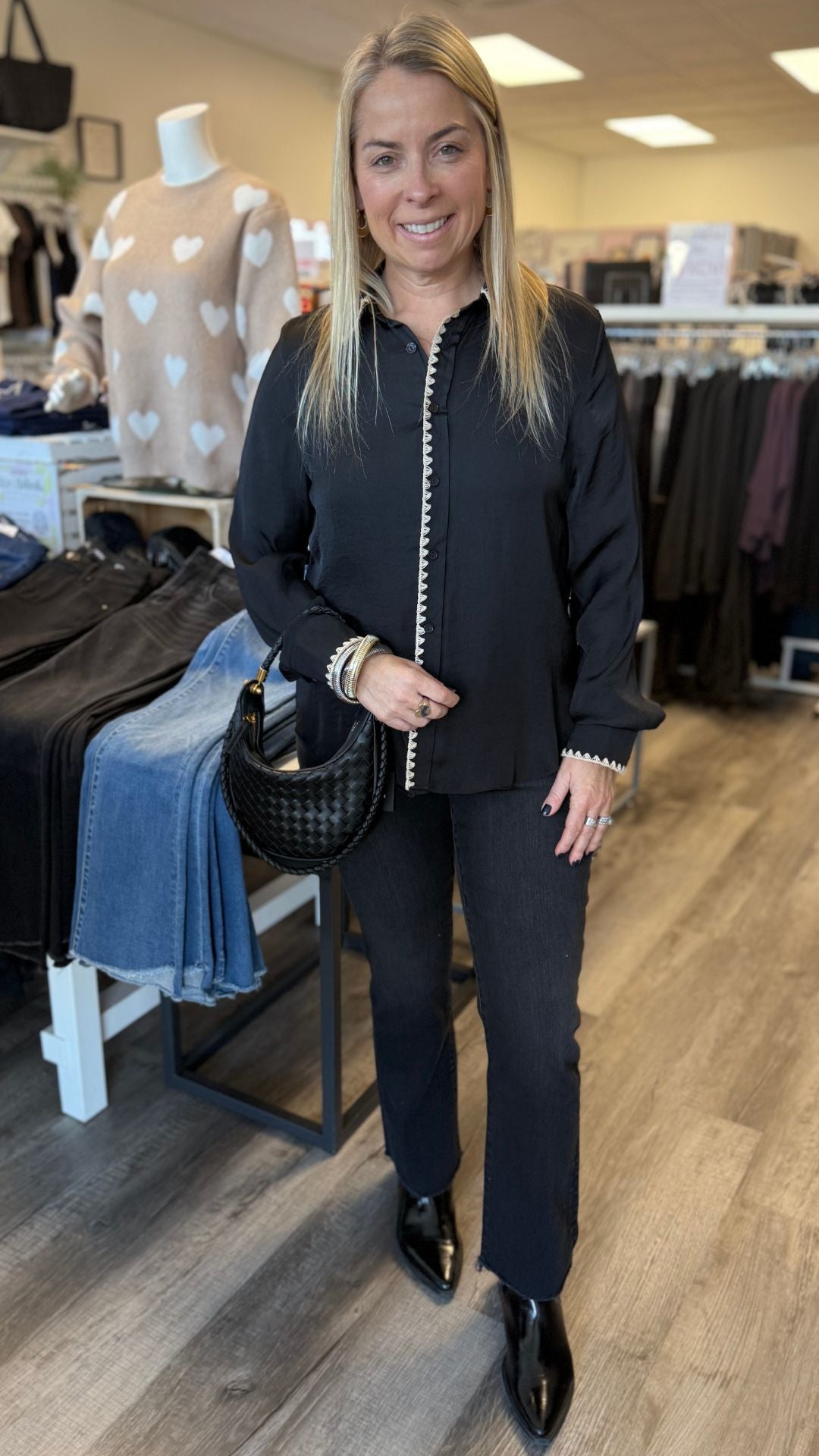 Black Blanket Stitch Silky Button Up Blouse