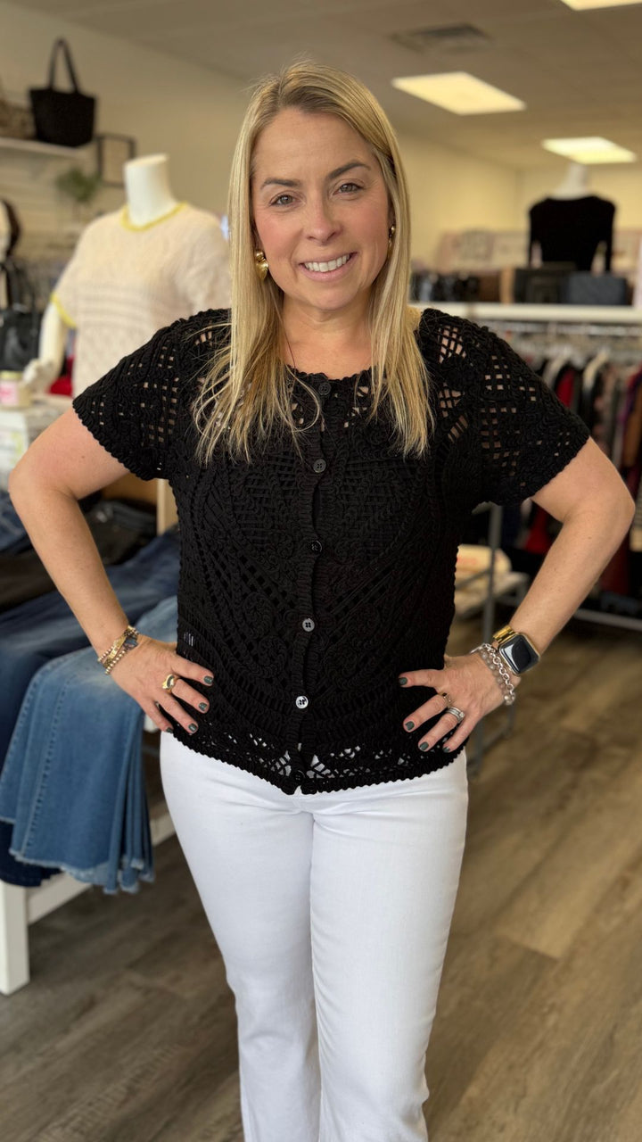 Black Reversible Short Sleeve Crochet Top