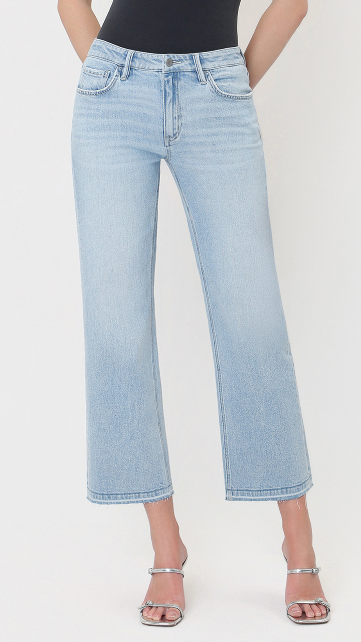Mid Rise Light Wash Crop Slim Wide Leg Jeans
