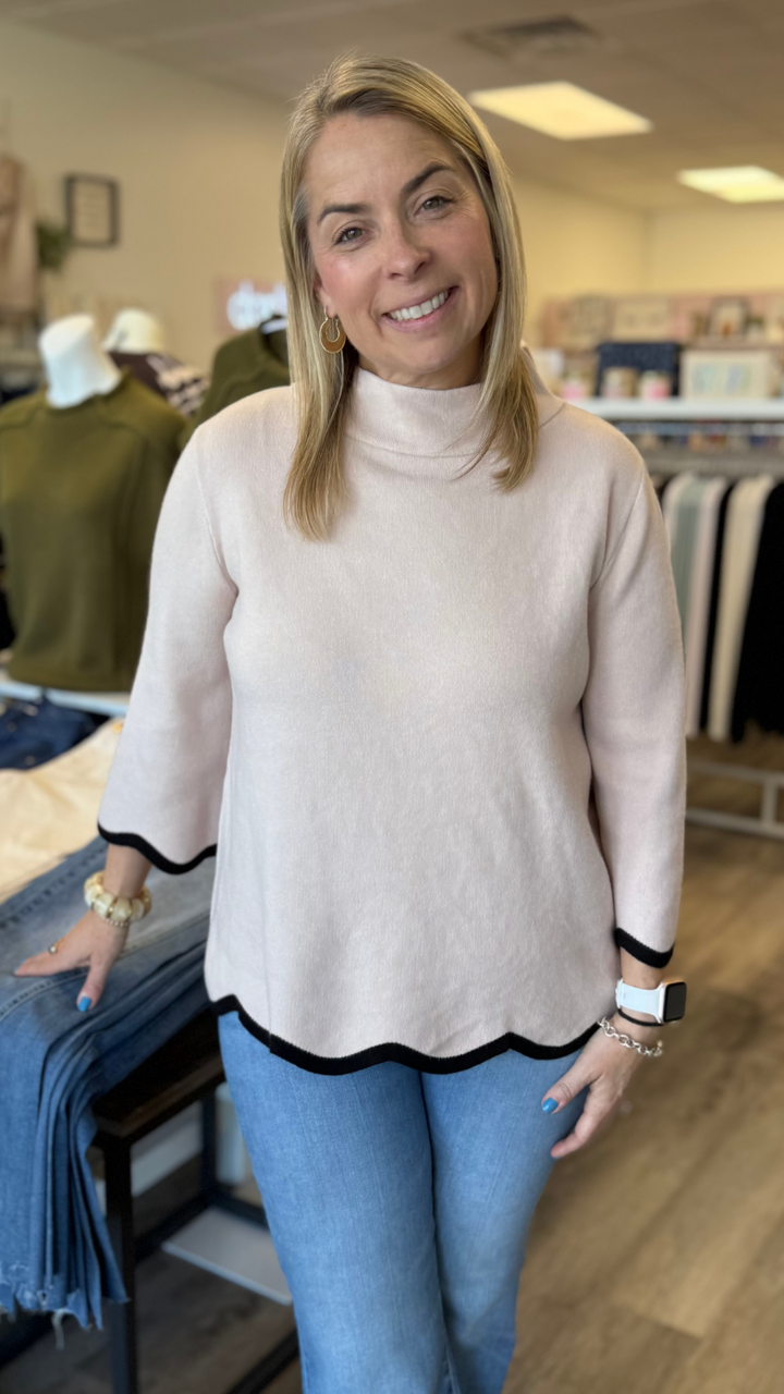 Blush Scallop Edge Detailed Mock Neck Sweater