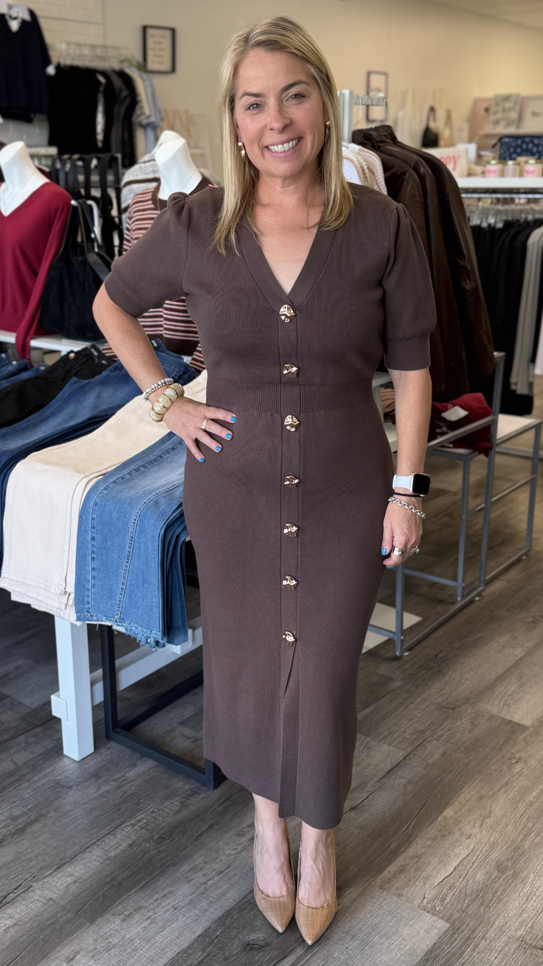 Brown Ribbed Short Sleeve Button Front Sweater Midi Dress