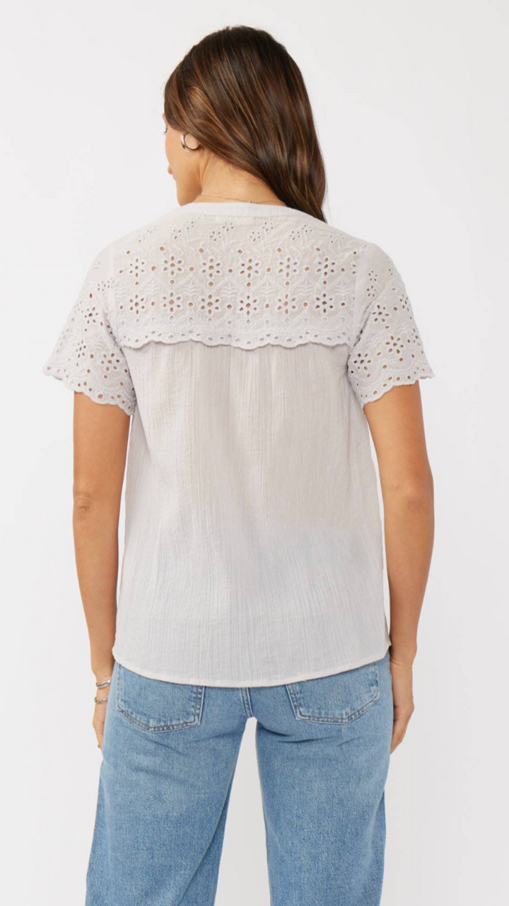 Dove Floral Eyelet Short Sleeve Button Down Blouse