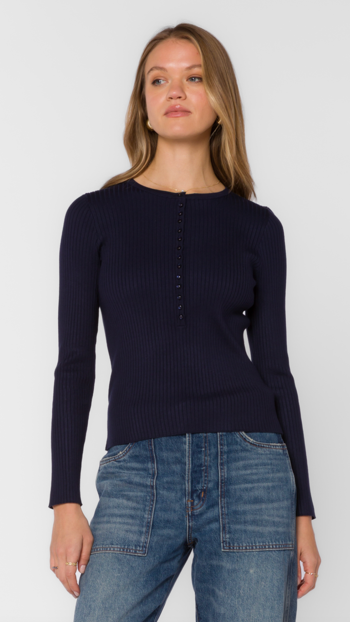Navy Ribbed Fitted Henley Sweater