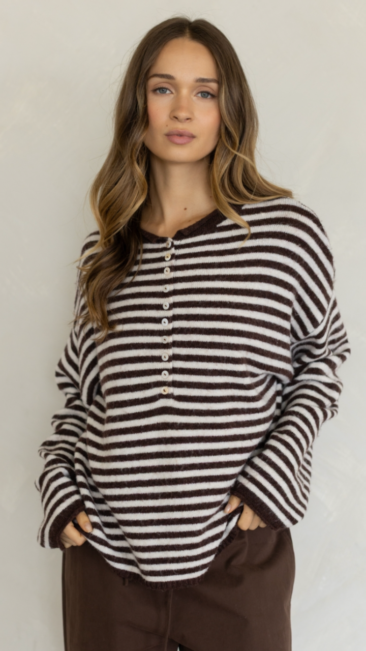 Brown And Cream Striped Piper Henley Top