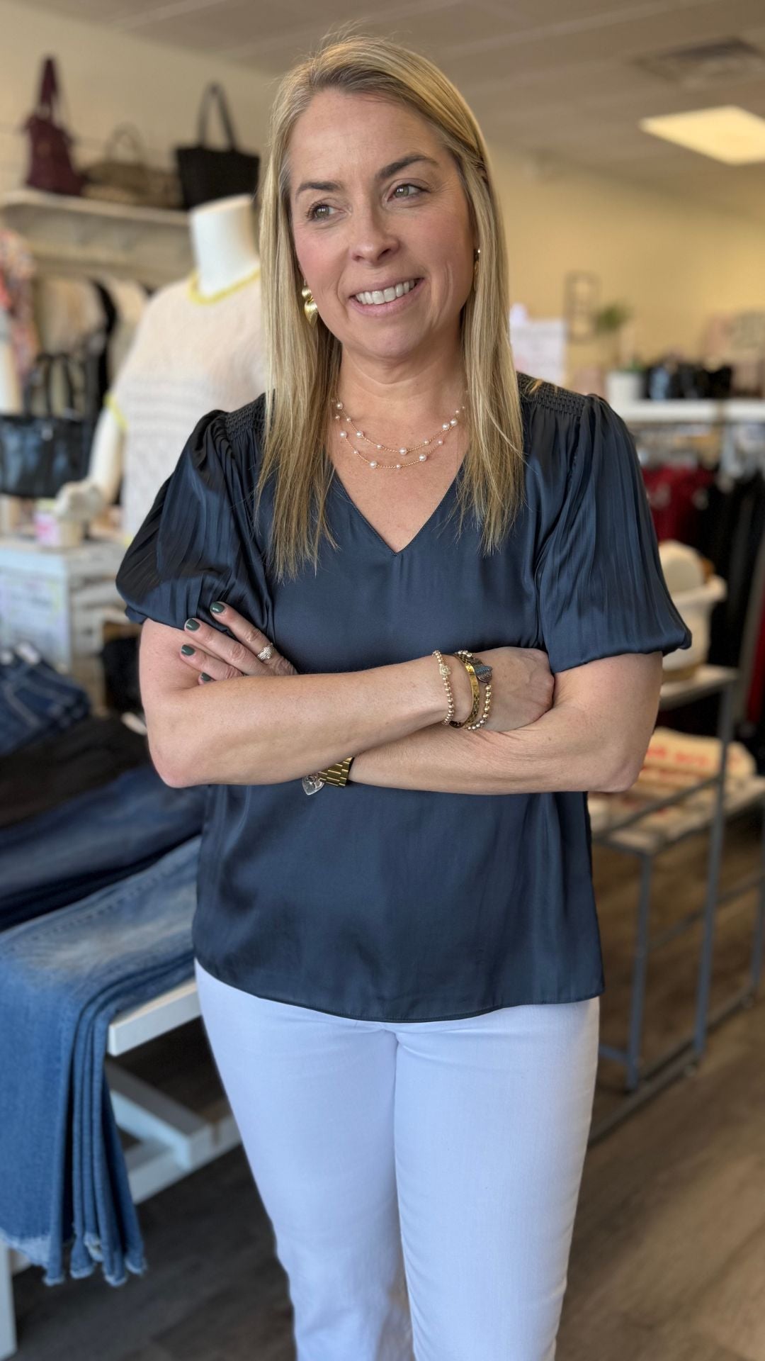 Slate Navy Pleated Puff Short Sleeve Blouse