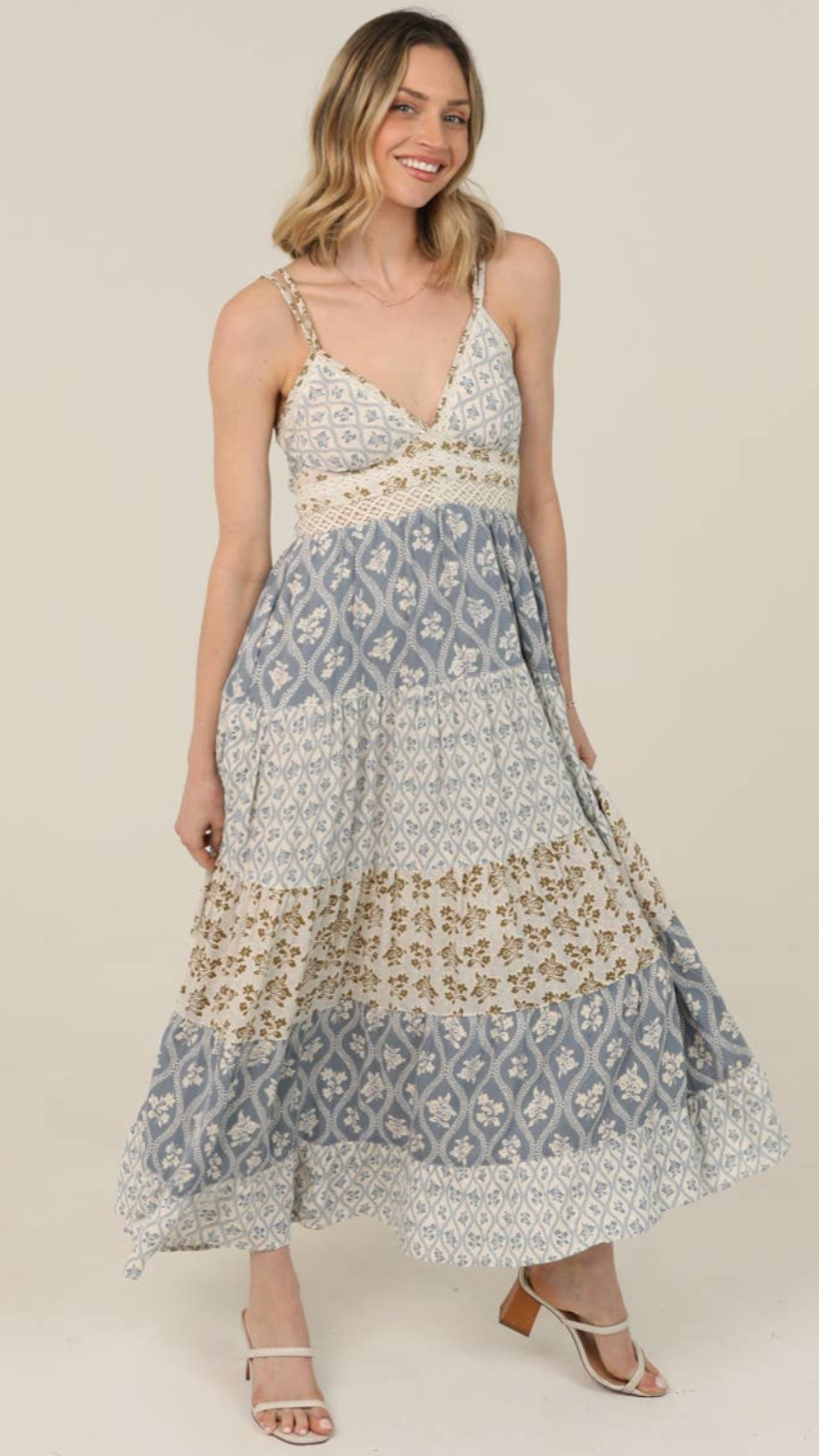 Mix Print Lace Trim Maxi Dress