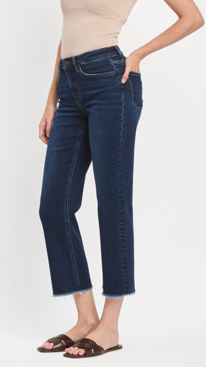 High Rise Dark Wash Frayed Bottom Straight Jeans