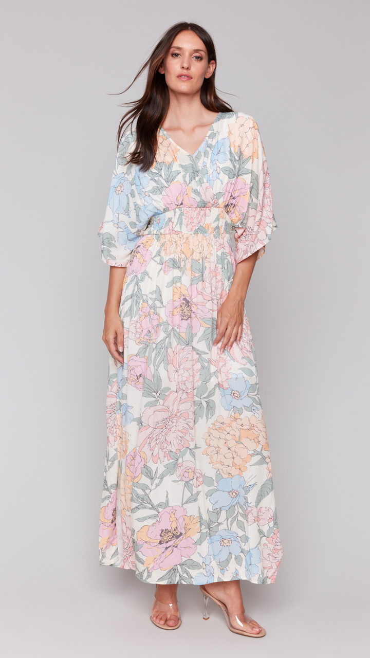 Dolman Sleeves Floral Maxi Dress With Side Slits